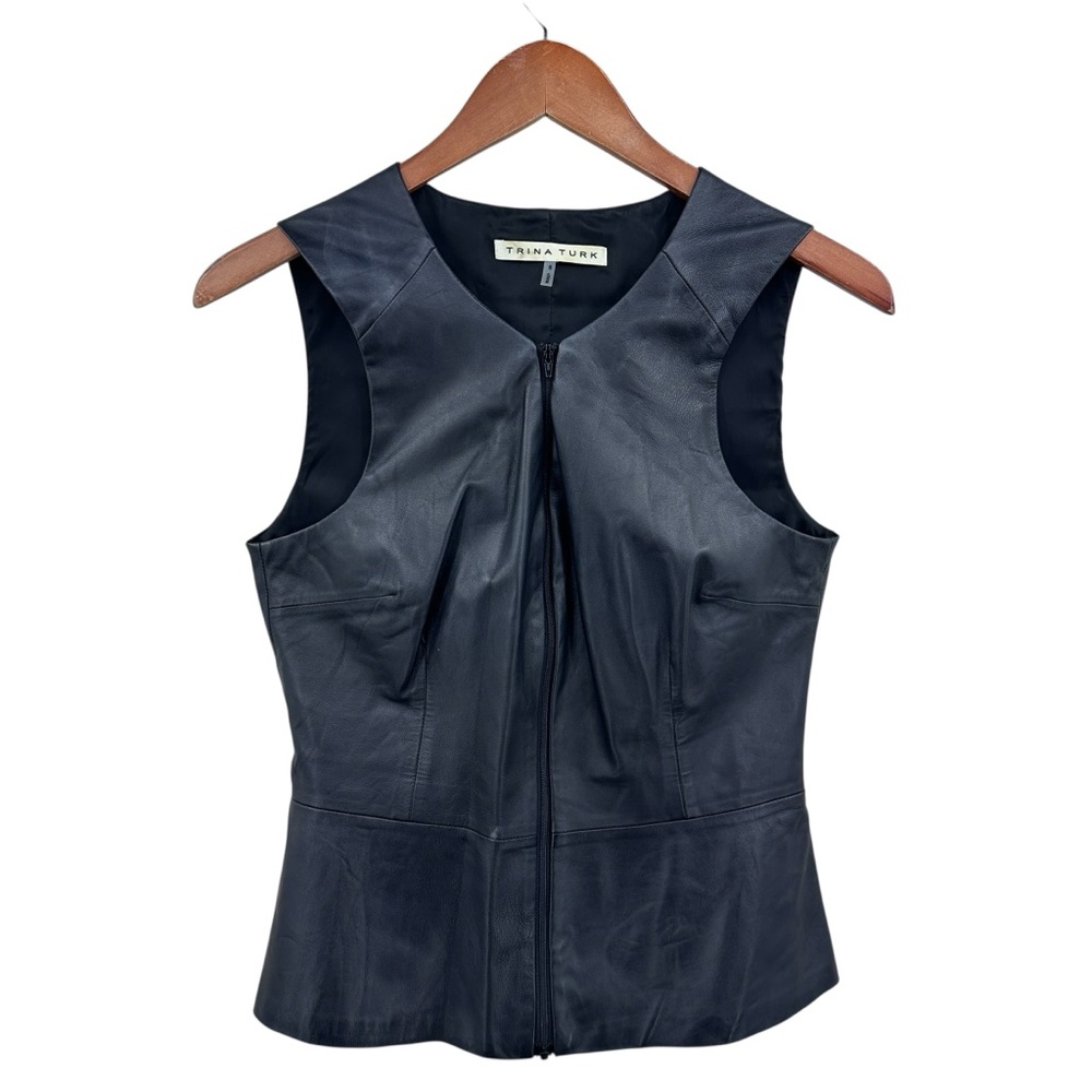 TRINA TURK Top Leather Peplum Sleeveless Casual Black